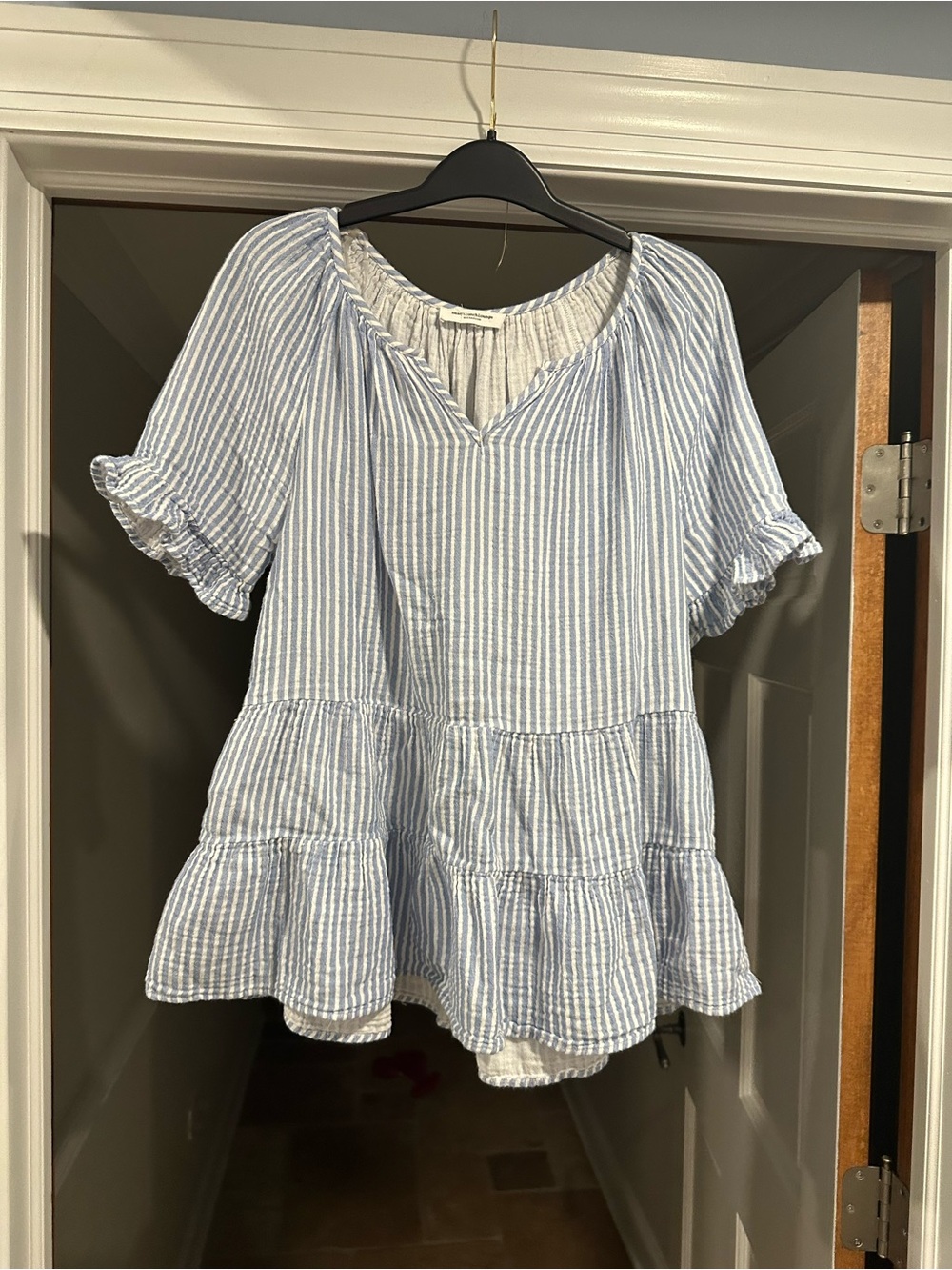 beachlunchlounge Light Blue and White Striped Ruffle Tiered Tunic 100% cotton